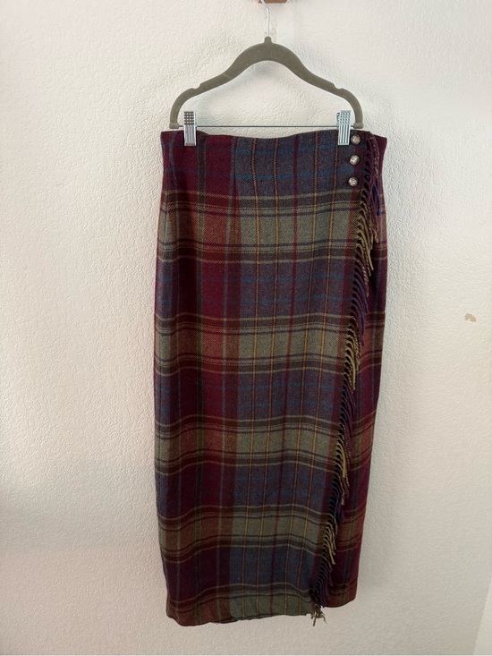 Ralph Lauren Dresses & Skirts - Ralph Lauren Burgundy and Olive Plaid Fringe Wrap Midi Skirt